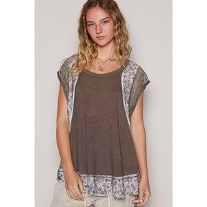 POL Brown Asymmetrical Blouse with Gray Accents